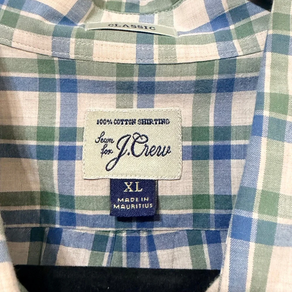 J. Crew Mens XL Classic Fit Plaid Button Down Shirt Blue Green White Cotton
